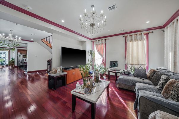 Chandelier, Interior, Living room, Recessed Lighting, Wood Texture Flooring