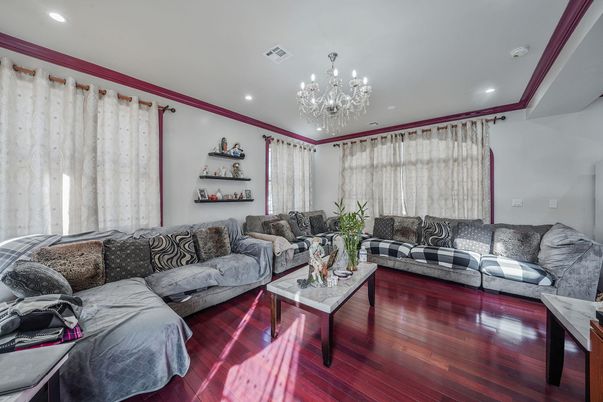 Chandelier, Interior, Living room, Recessed Lighting, Wood Texture Flooring