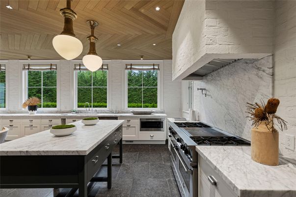 Interior, Kitchen, Marble Walls, Pendant Lights, Recessed Lighting, Stainless Steel Appliances, Wooden Ceilings