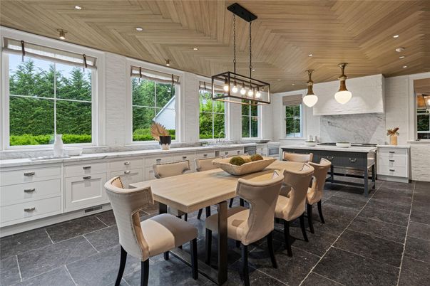 Dining room, Interior, Kitchen, Marble Walls, Pendant Lights, Recessed Lighting, Wooden Ceilings