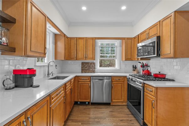 Interior, Kitchen, Recessed Lighting, Stainless Steel Appliances, Wood Texture Flooring