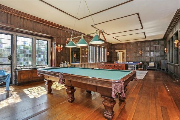 Billiard Table, Game Room, Interior, Pendant Lights, Wood Texture Flooring