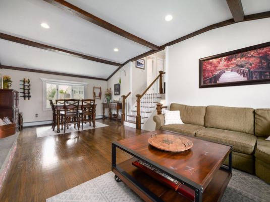 Dining room, Interior, Living room, Recessed Lighting, Wooden Beams, Wood Texture Flooring