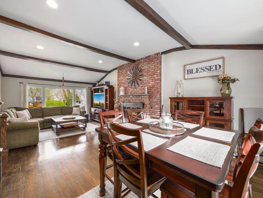 Dining room, Fireplace, Interior, Living room, Recessed Lighting, Stone Walls, Wooden Beams, Wood Texture Flooring