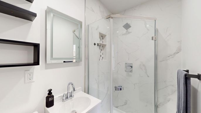 Bathroom, Glass Shower, Interior, Marble Walls