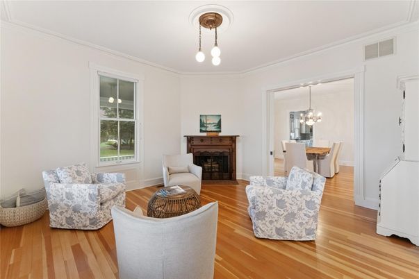 Dining room, Fireplace, Interior, Living room, Pendant Lights, Wood Texture Flooring