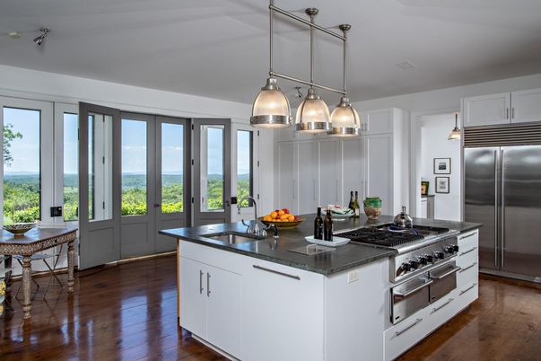 Dining room, Interior, Kitchen, Pendant Lights, Stainless Steel Appliances, Wood Texture Flooring