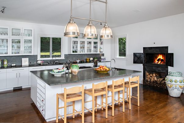 Fireplace, Interior, Kitchen, Pendant Lights, Wood Texture Flooring