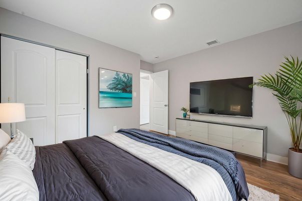 Bedroom, Interior, Recessed Lighting, Wood Texture Flooring
