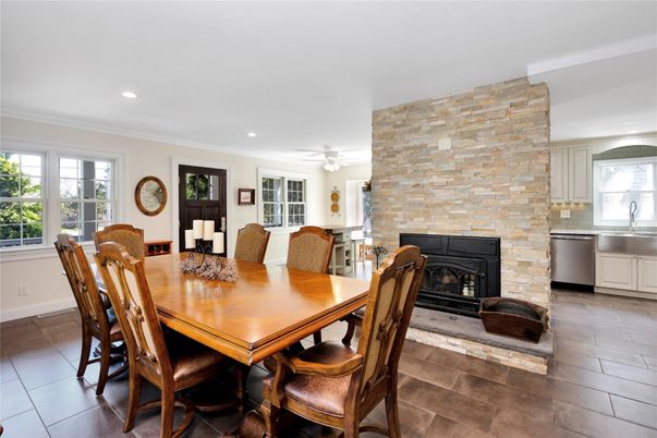 Dining room, Fireplace, Interior, Kitchen, Recessed Lighting, Stone Walls