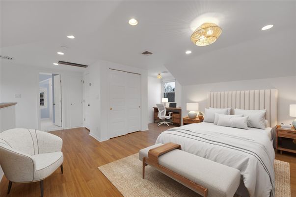 Bedroom, Interior, Recessed Lighting, Wood Texture Flooring