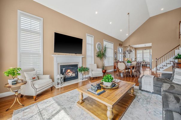 Chandelier, Dining room, Fireplace, Interior, Living room, Recessed Lighting, Wood Texture Flooring