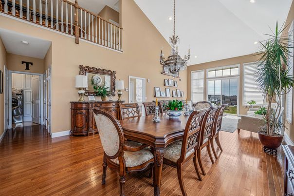 Chandelier, Dining room, Interior, Recessed Lighting, Wood Texture Flooring