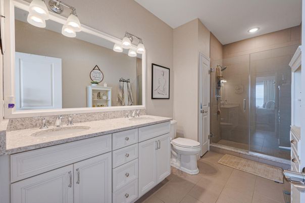 Bathroom, Dual Sink Vanities, Glass Shower, Interior, Recessed Lighting