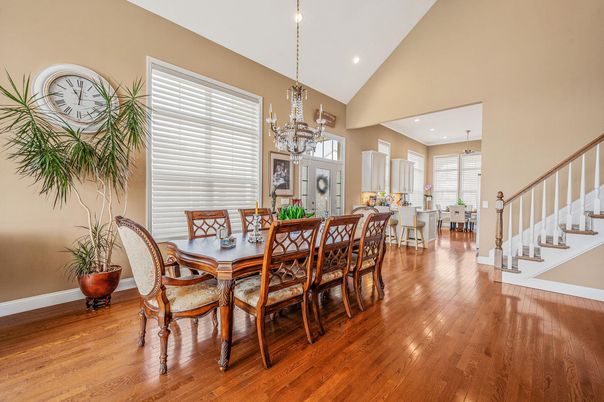 Chandelier, Dining room, Interior, Pendant Lights, Recessed Lighting, Wood Texture Flooring