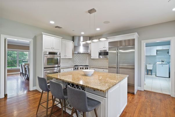 Interior, Kitchen, Pendant Lights, Recessed Lighting, Stainless Steel Appliances, Washer, Wood Texture Flooring