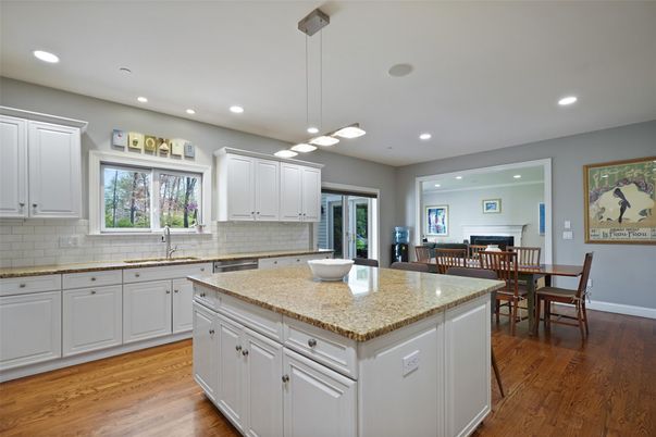 Dining room, Fireplace, Interior, Kitchen, Pendant Lights, Recessed Lighting, Wood Texture Flooring