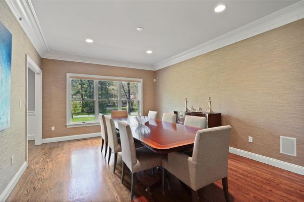 Dining room, Interior, Recessed Lighting, Wood Texture Flooring