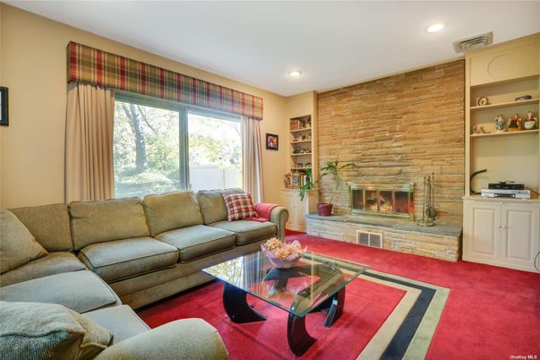 Fireplace, Interior, Living room, Recessed Lighting, Stone Walls