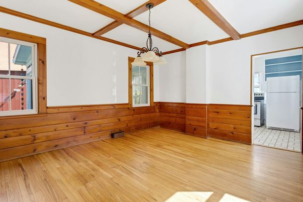Empty room, Interior, Pendant Lights, Wooden Beams, Wood Texture Flooring, Wooden Walls