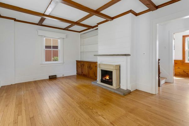 Empty room, Fireplace, Interior, Wooden Beams, Wood Texture Flooring