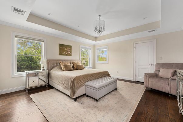 Bedroom, Chandelier, Interior, Recessed Lighting, Wood Texture Flooring