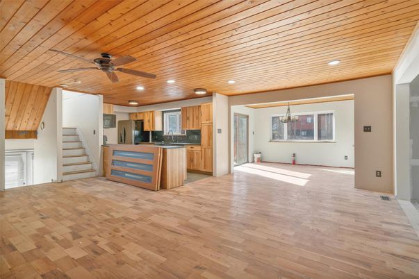 Interior, Kitchen, Recessed Lighting, Wooden Ceilings, Wood Texture Flooring