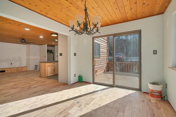 Chandelier, Interior, Kitchen, Recessed Lighting, Wooden Ceilings, Wood Texture Flooring