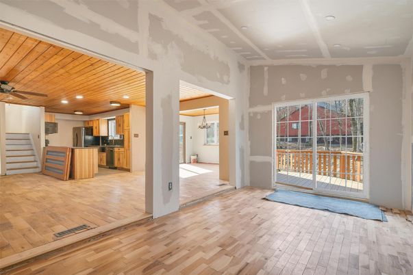 Empty room, Interior, Kitchen, Recessed Lighting, Wood Texture Flooring