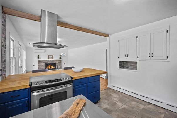 Fireplace, Interior, Kitchen, Stainless Steel Appliances, Wooden Beams