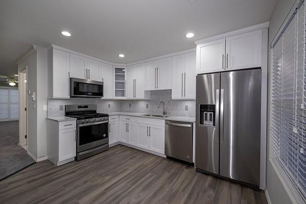 Interior, Kitchen, Recessed Lighting, Stainless Steel Appliances, Wood Texture Flooring