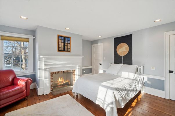 Bedroom, Fireplace, Interior, Recessed Lighting, Wood Texture Flooring