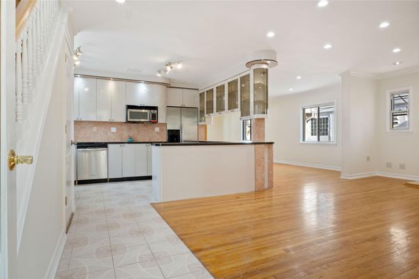 Interior, Kitchen, Recessed Lighting, Stainless Steel Appliances, Wood Texture Flooring