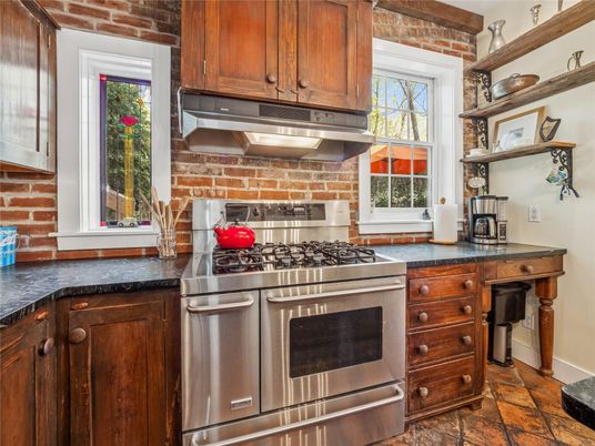 Interior, Kitchen, Stainless Steel Appliances, Stone Walls