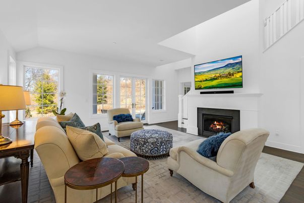 Fireplace, Interior, Living room, Recessed Lighting, Wood Texture Flooring