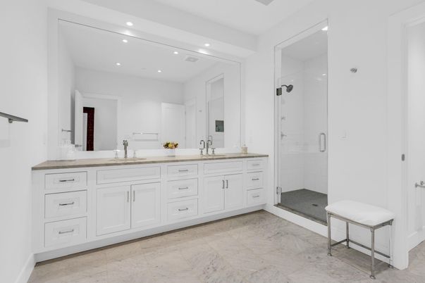 Bathroom, Dual Sink Vanities, Glass Shower, Interior, Recessed Lighting