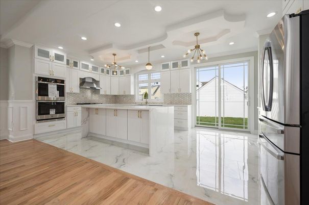 Interior, Kitchen, Marble, Pendant Lights, Recessed Lighting, Stainless Steel Appliances