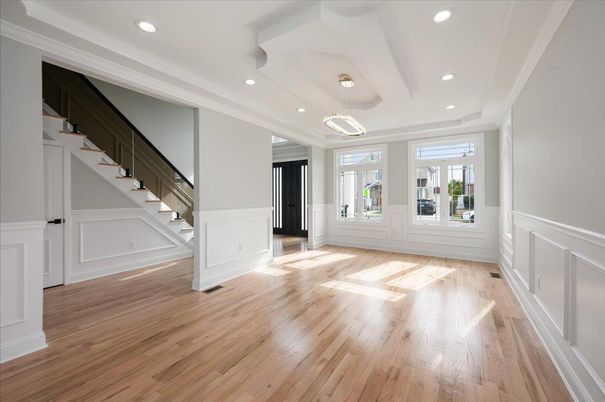 Empty room, Interior, Pendant Lights, Recessed Lighting, Wood Texture Flooring