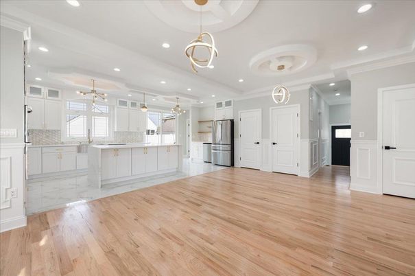 Interior, Kitchen, Pendant Lights, Recessed Lighting, Stainless Steel Appliances, Wood Texture Flooring