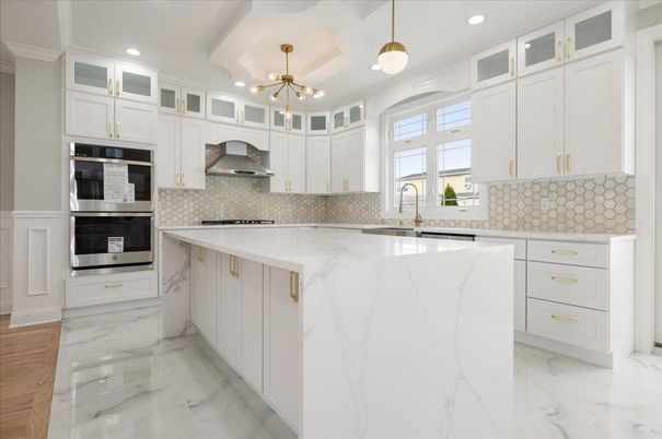 Interior, Kitchen, Marble, Pendant Lights, Recessed Lighting, Stainless Steel Appliances