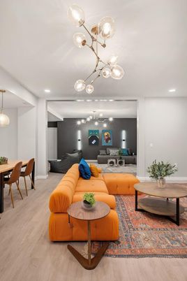 Dining room, Interior, Living room, Pendant Lights, Recessed Lighting, Wood Texture Flooring
