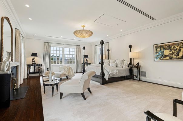 Bedroom, Chandelier, Fireplace, Interior, Recessed Lighting, Wood Texture Flooring