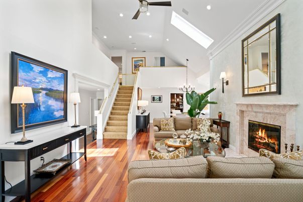 Chandelier, Fireplace, Interior, Living room, Recessed Lighting, Wood Texture Flooring