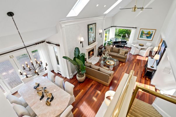 Chandelier, Dining room, Fireplace, Interior, Living room, Pendant Lights, Piano, Recessed Lighting, Wood Texture Flooring