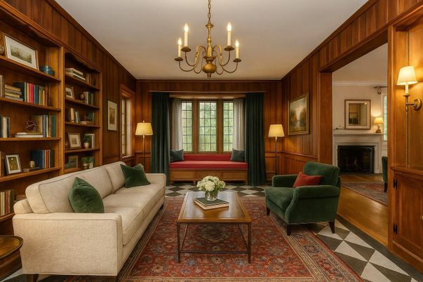 Chandelier, Fireplace, Interior, Living room, Wood Texture Flooring, Wooden Walls