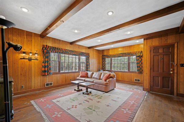 Interior, Living room, Recessed Lighting, Wooden Beams, Wood Texture Flooring, Wooden Walls