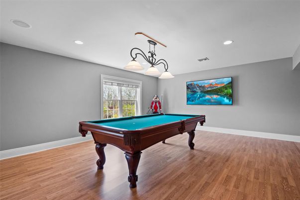 Billiard Table, Chandelier, Game Room, Interior, Recessed Lighting, Wood Texture Flooring