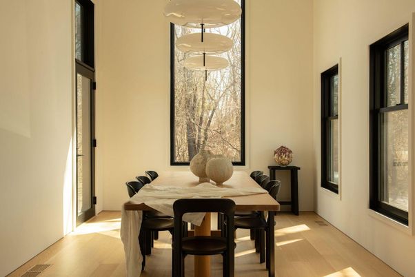 Dining room, Interior, Pendant Lights, Wood Texture Flooring