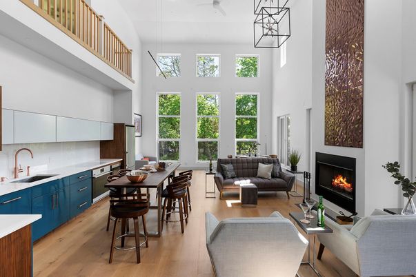 Dining room, Fireplace, Interior, Kitchen, Living room, Pendant Lights, Wood Texture Flooring