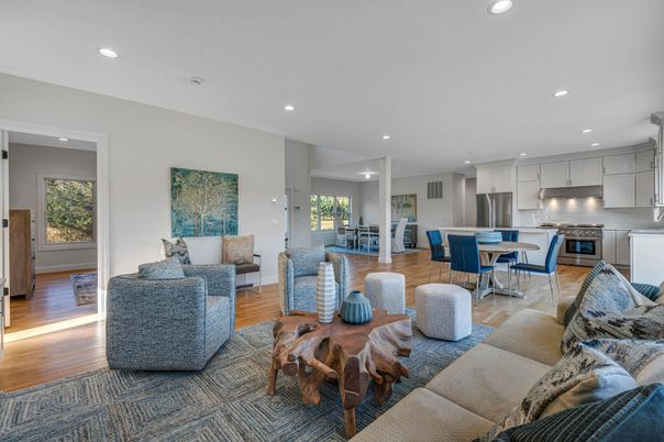 Dining room, Interior, Kitchen, Living room, Recessed Lighting, Stainless Steel Appliances, Wood Texture Flooring